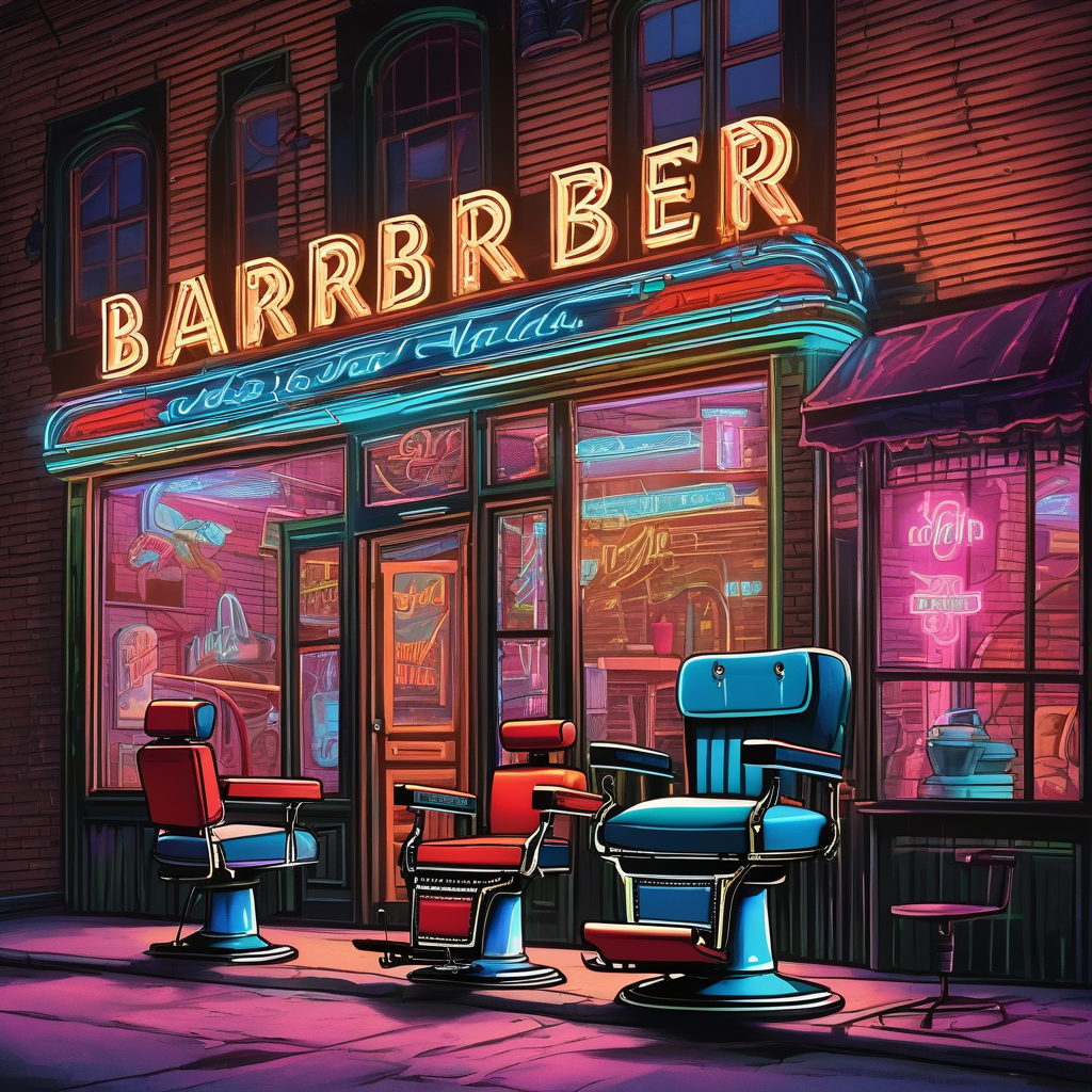 A Barbershop Lit With Neon Signs At Night