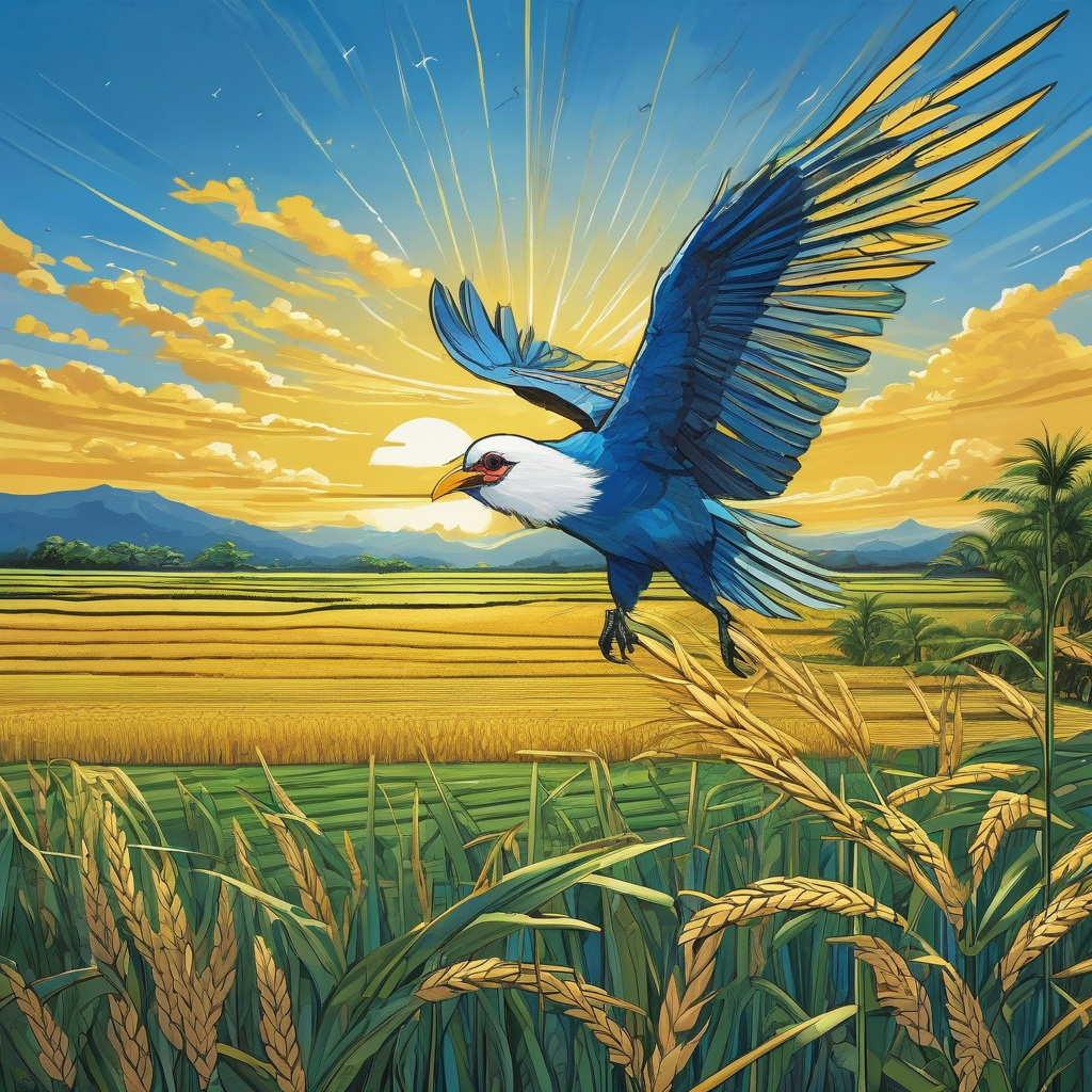 A Bird Flying Over A Golden Rice Field