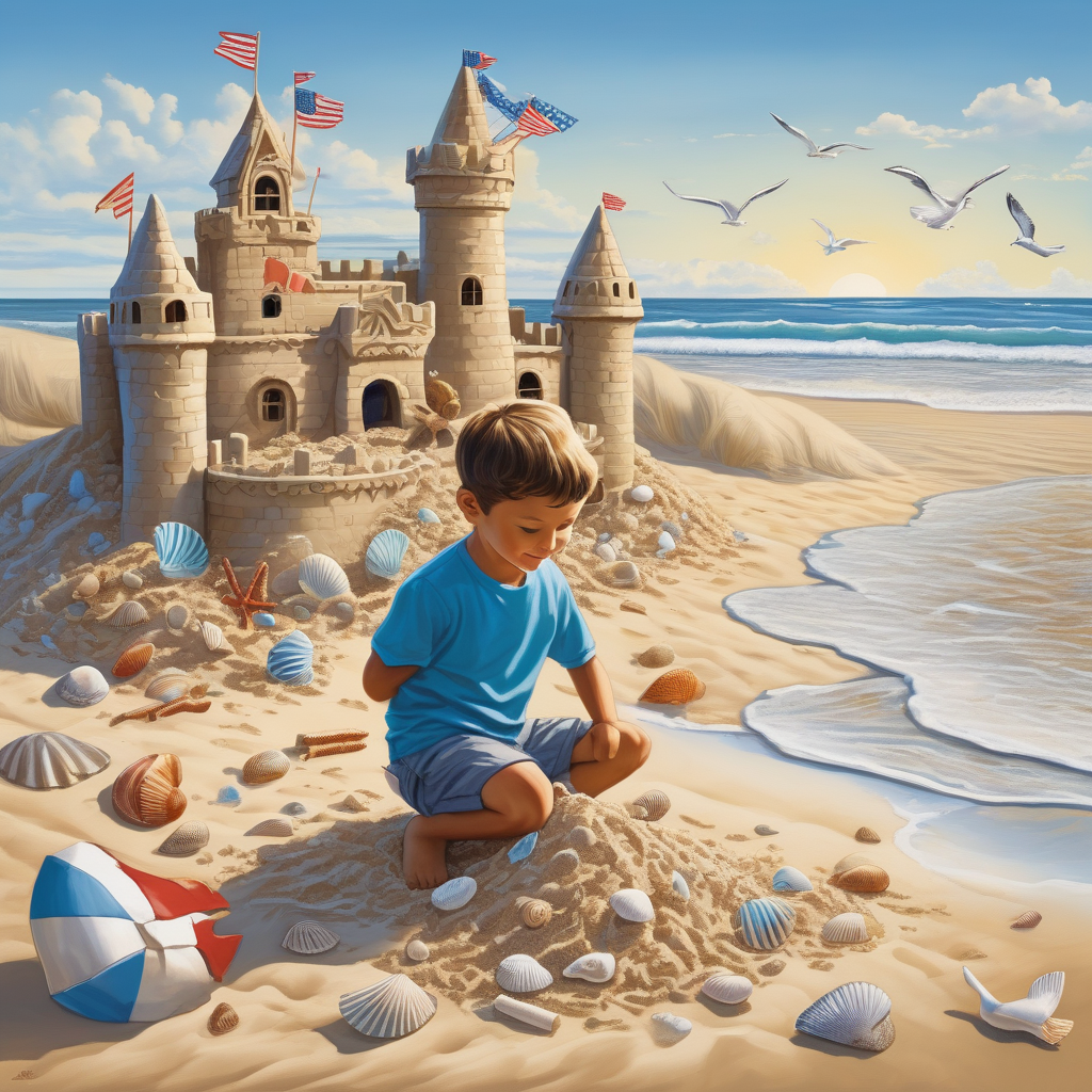 A Boy Building A Sandcastle At The Beach
