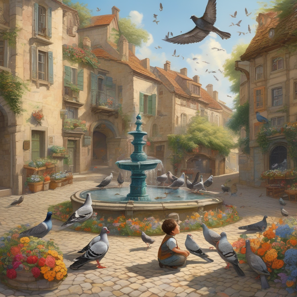 A Boy Feeding Pigeons In A Stone Square