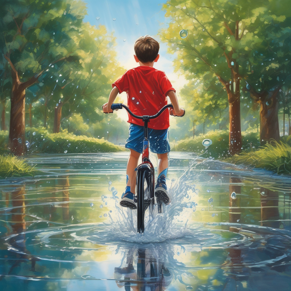 A Boy Riding A Bicycle Through A Puddle