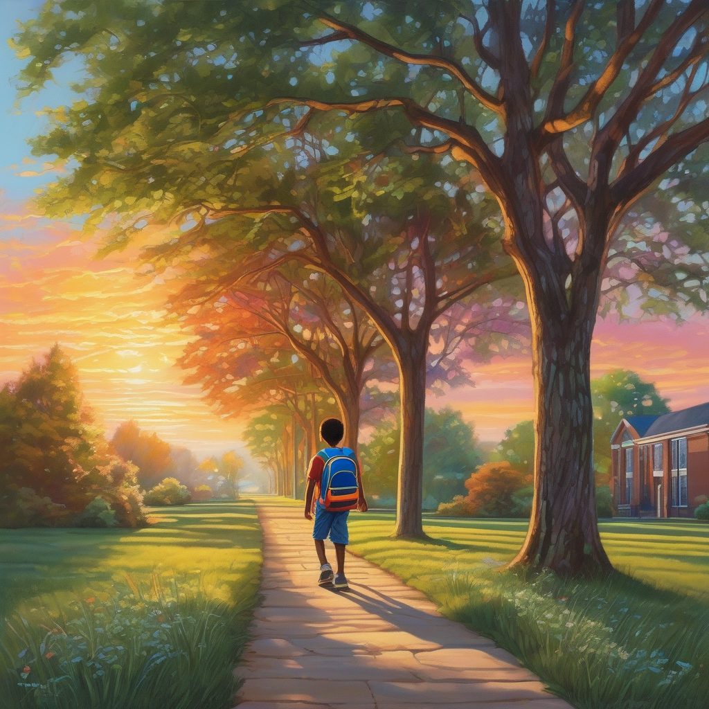 A Boy With A Backpack Walking To School In Early Light