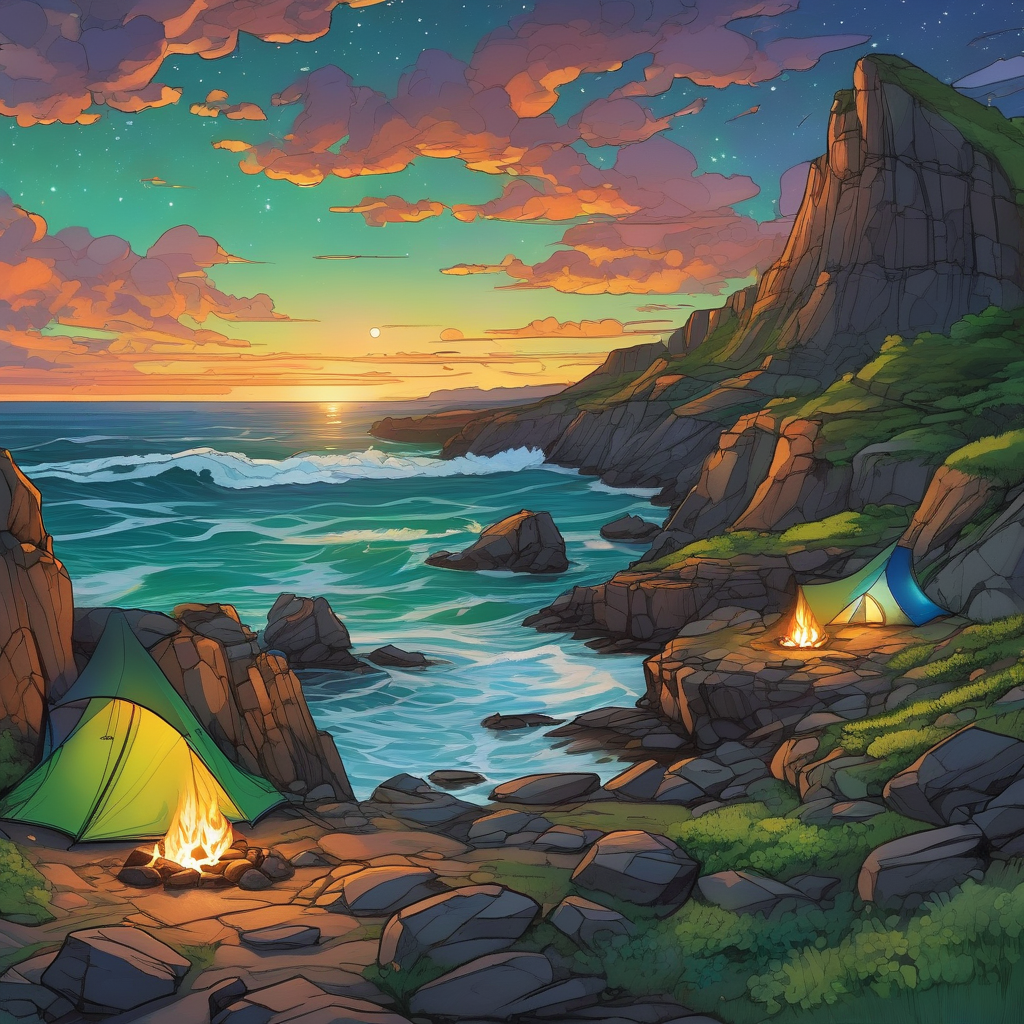 A Camp Set Up On Top Of A Cliff With Tents And Lanterns