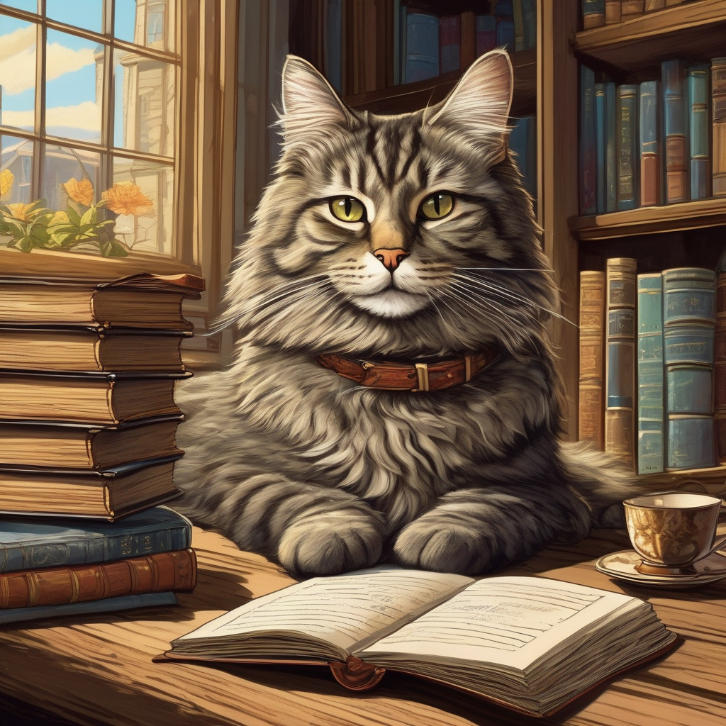 A Cat Lying Next To A Stack Of Old Books