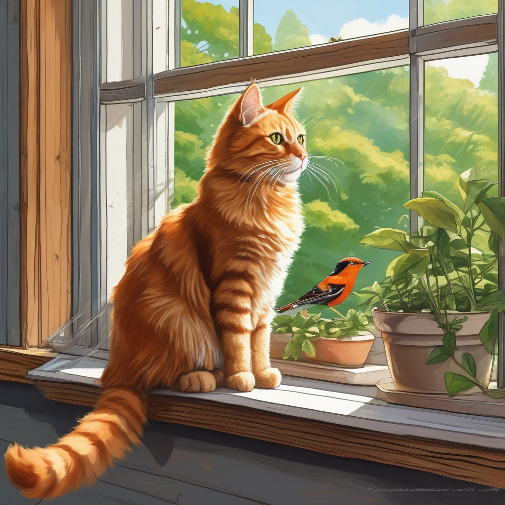 A Cat Sitting On A Windowsill Watching Birds
