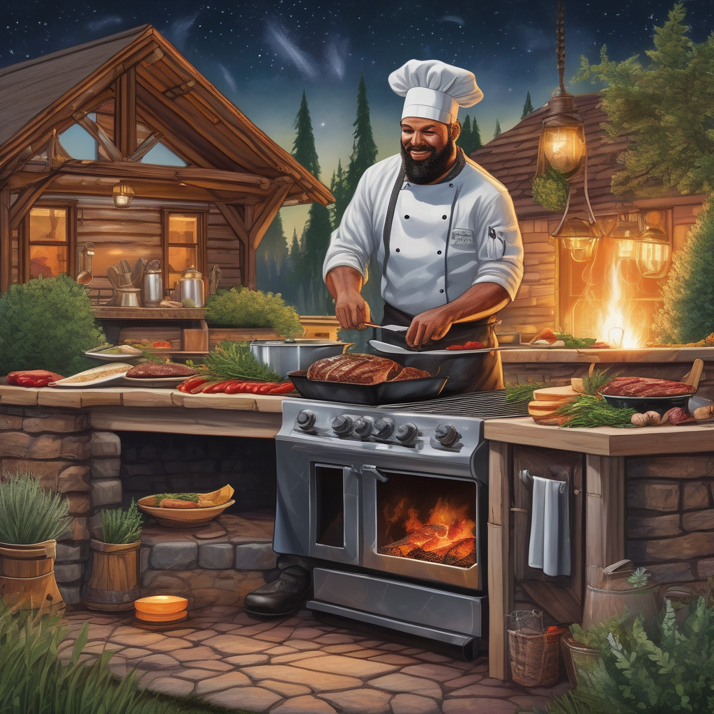 A Chef Seasoning A Steak In A Fire Lit Outdoor Kitchen