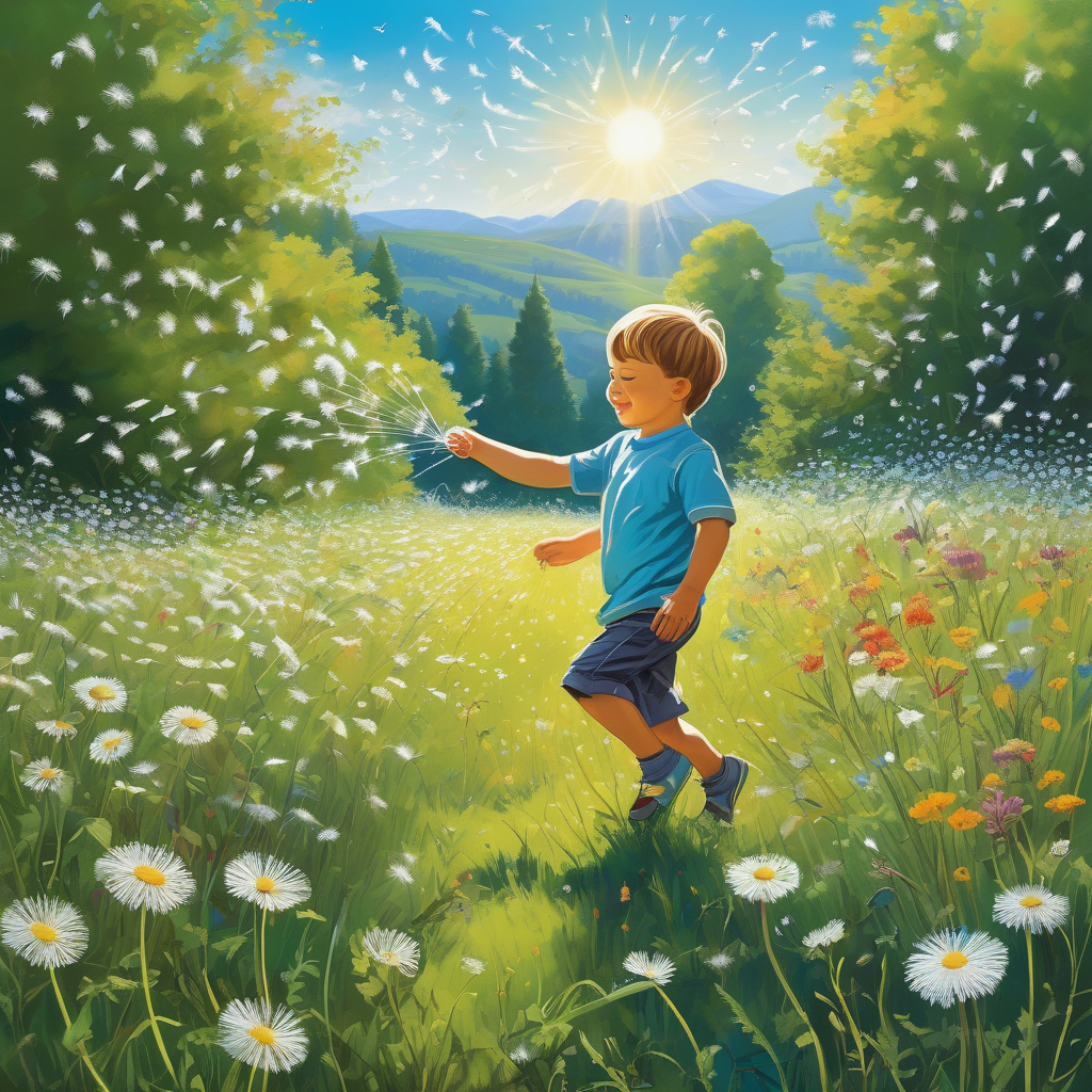 A Child Blowing Dandelion Seeds In A Sunny Meadow