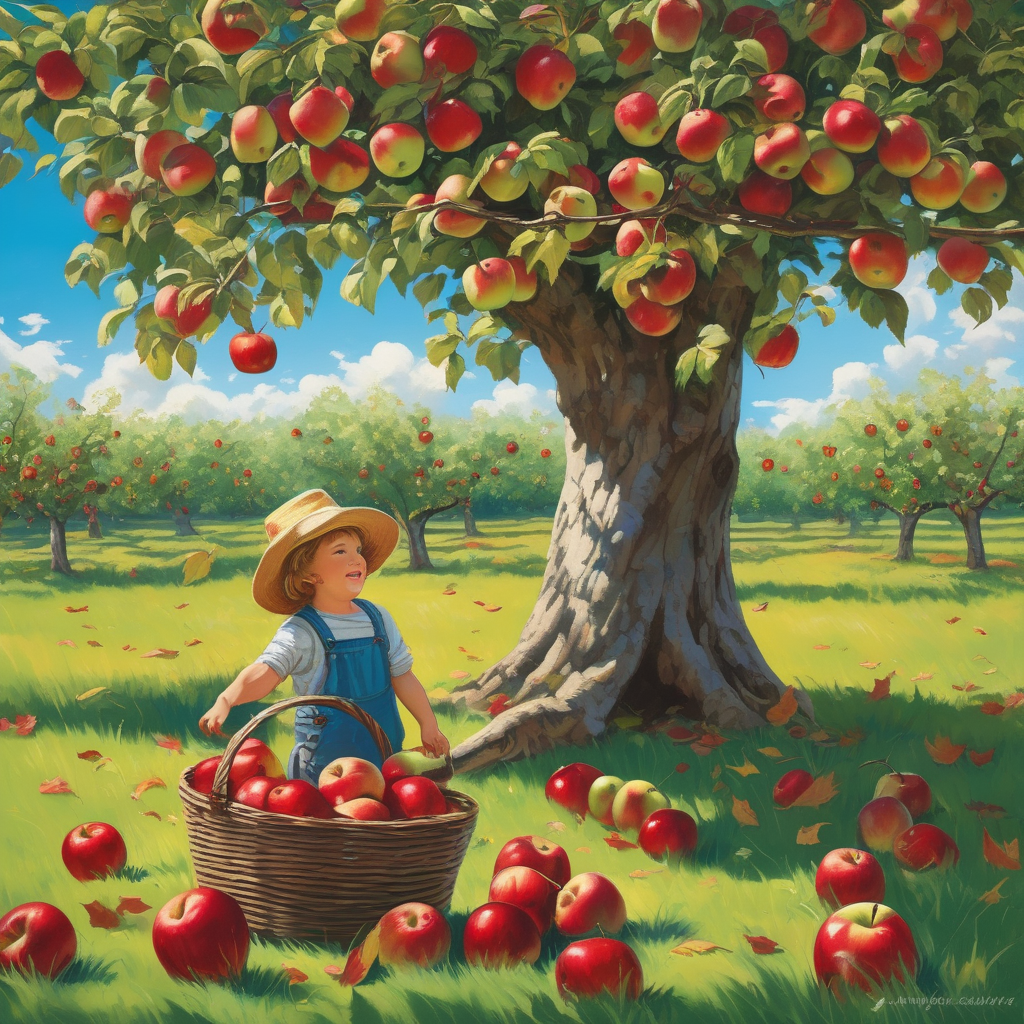 A Child Picking Apples In An Orchard