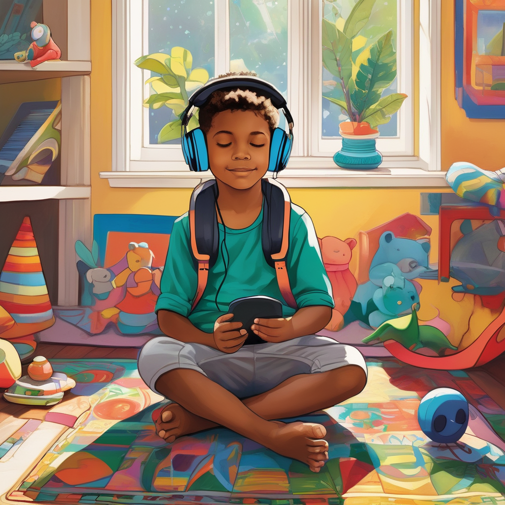 A Child Wearing Headphones Lost In Music