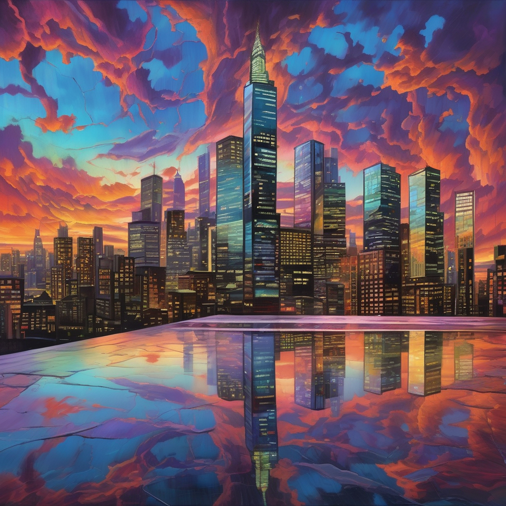 A City Skyline Reflected In A Puddle After Rain