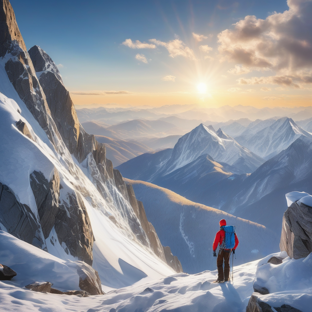 A Climber Reaching The Summit With Snowflakes Falling