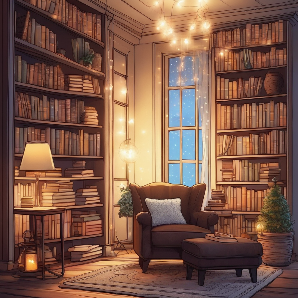 A Cozy Room With String Lights And Books