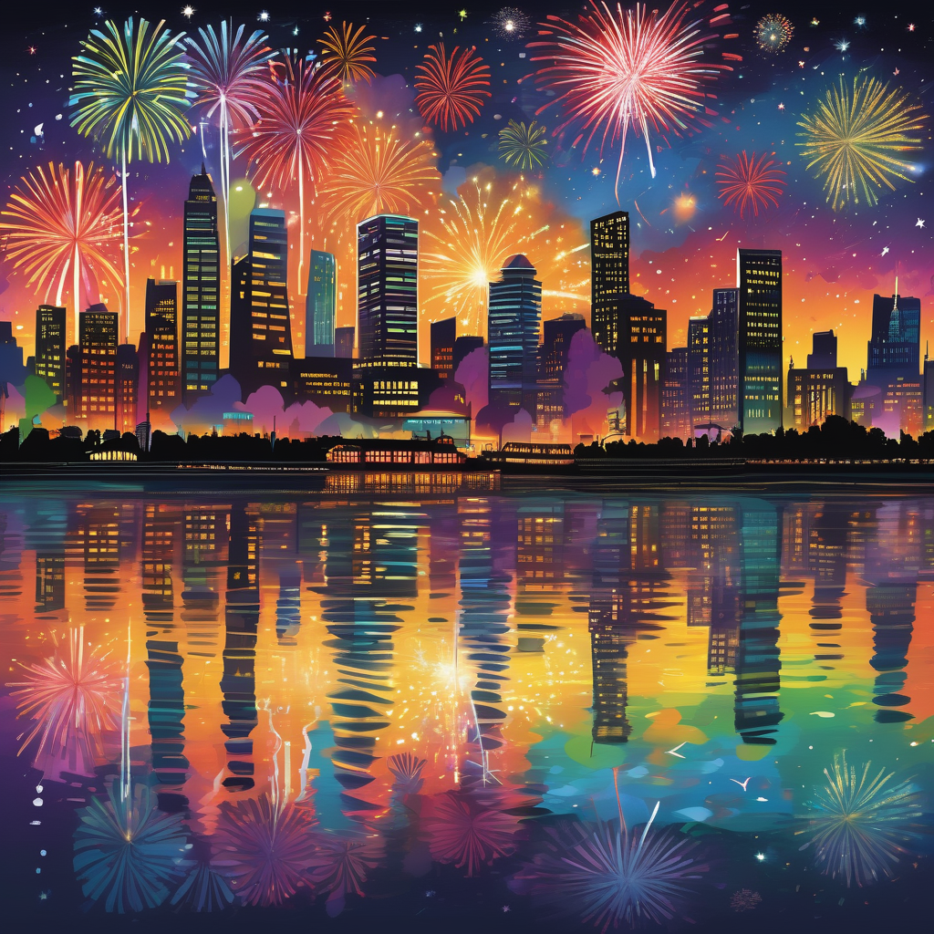 A Crowd Watching Fireworks By A City River