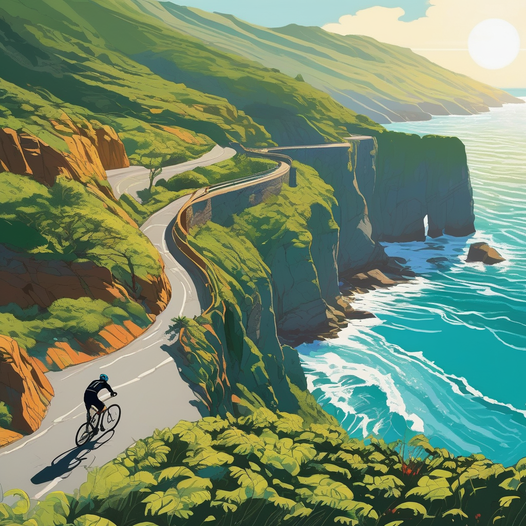 A Cyclist Riding Along A Coastal Cliff Road