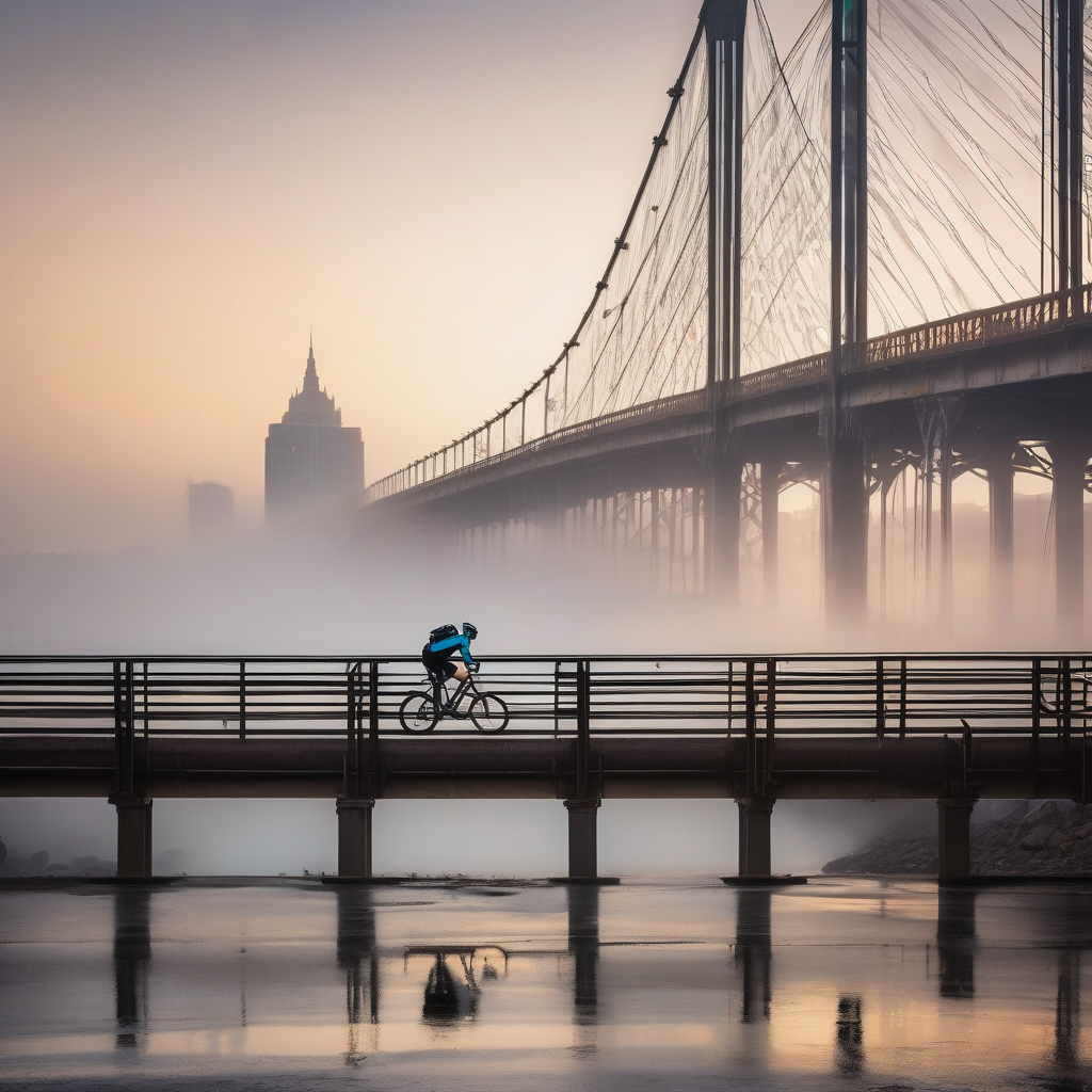 A Cyclist Riding Through A Foggy Bridge