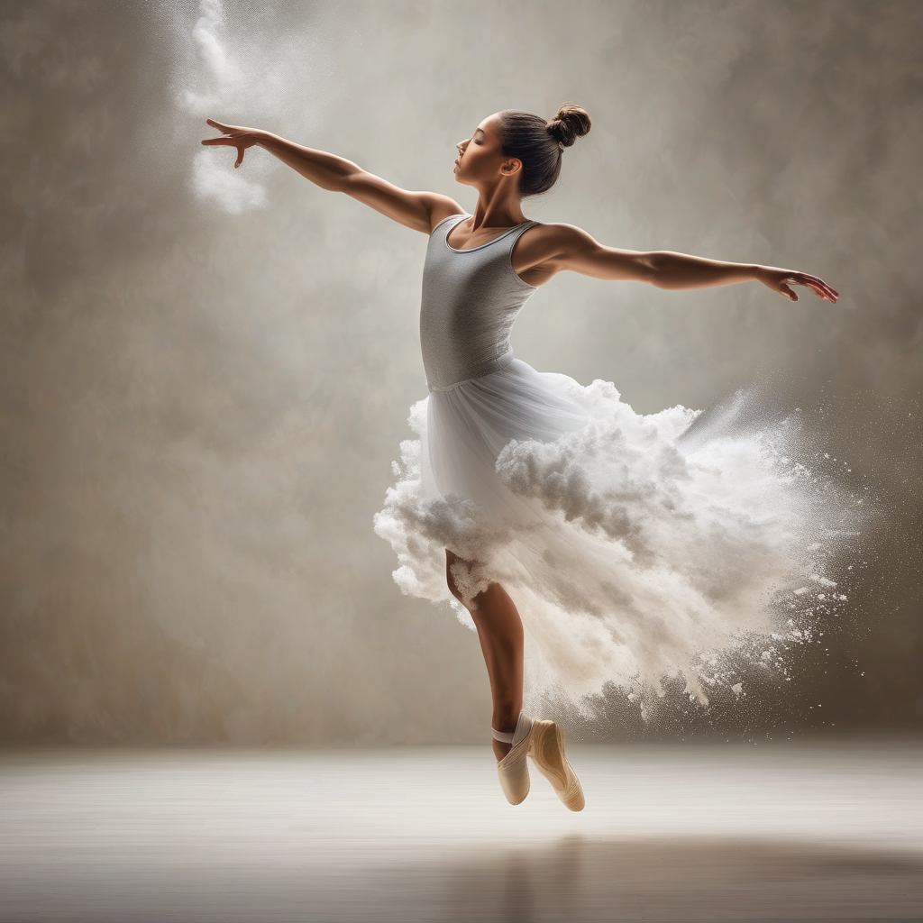 A Dancer Leaping Mid Air With Flour Exploding Around