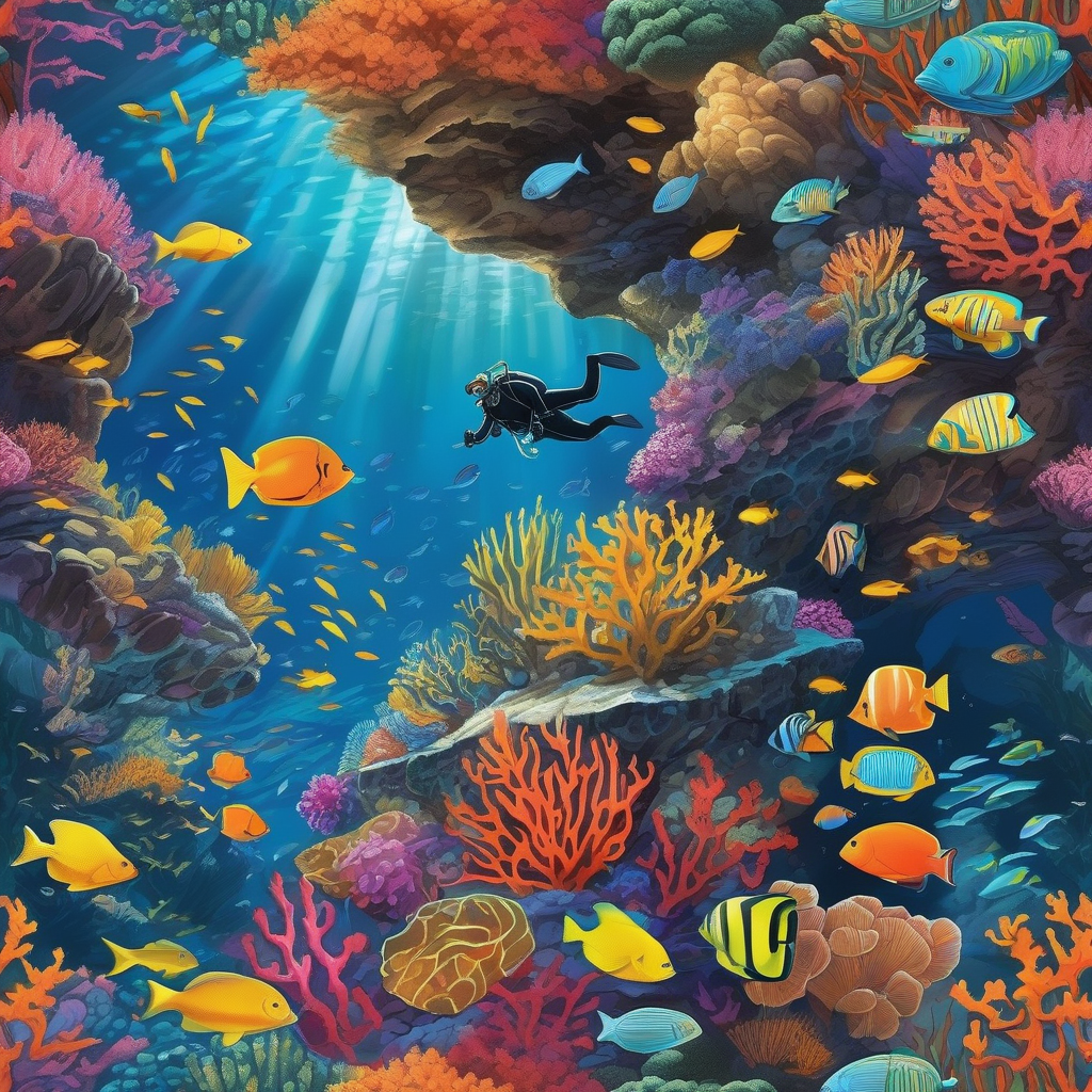 A Diver Swimming Through Coral Reef Caves