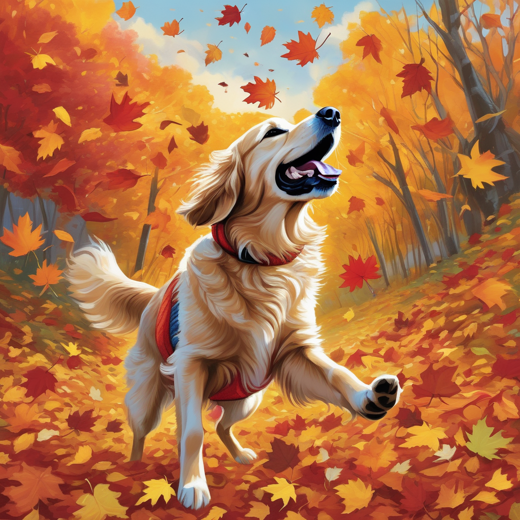A Dog And Child Playing In A Pile Of Leaves