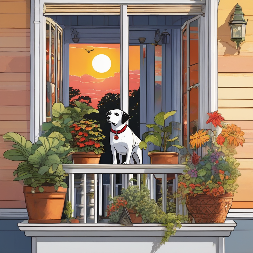 A Dog Watching Birds From A Balcony