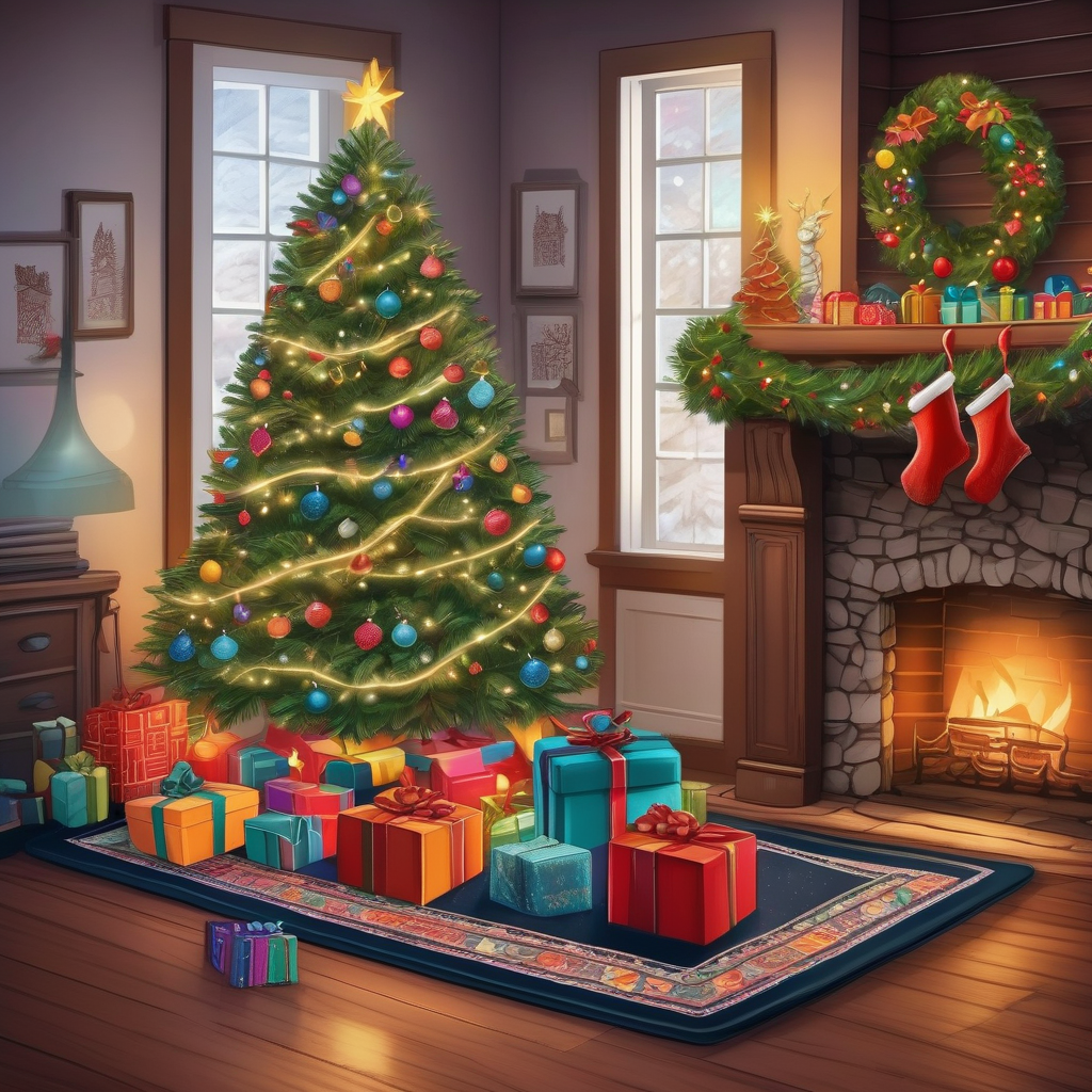 A Family Decorating A Christmas Tree By The Fireplace