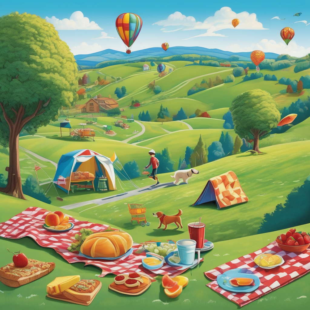 A Family Having Picnic On A Green Hill