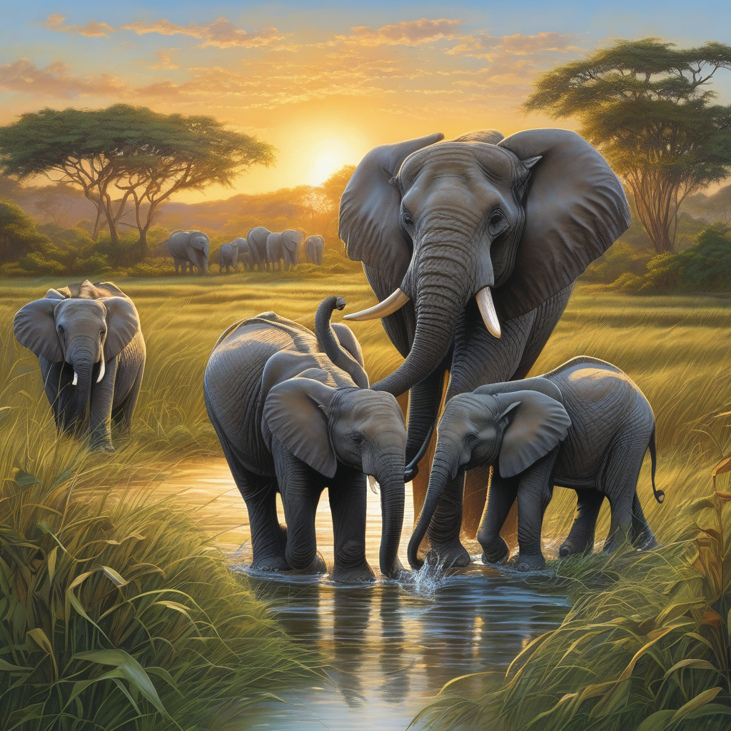 A Family Of Elephants At Watering Hole