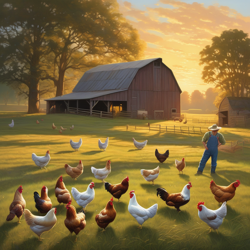 A Farmer Feeding Chickens At Sunrise