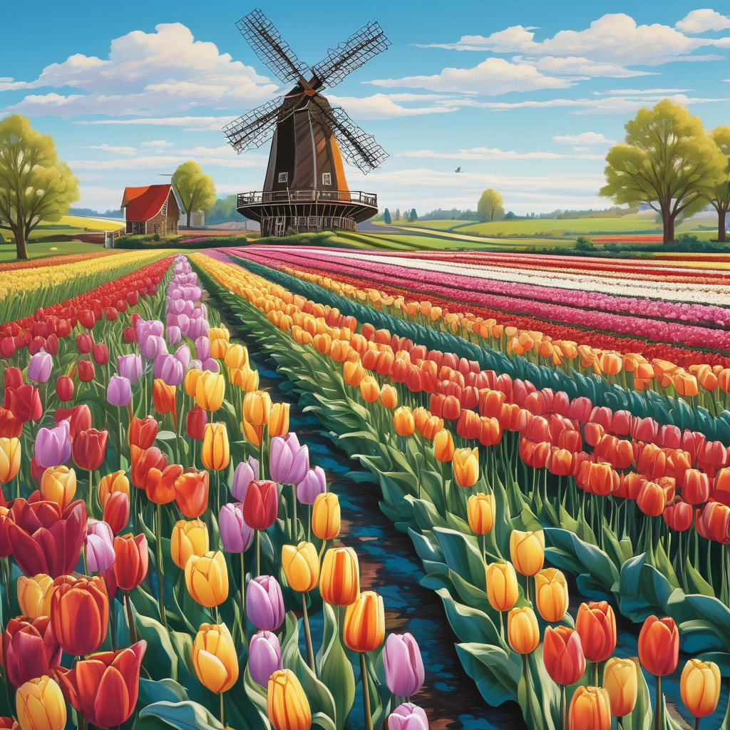 A Field Of Tulips With Windmill In Background
