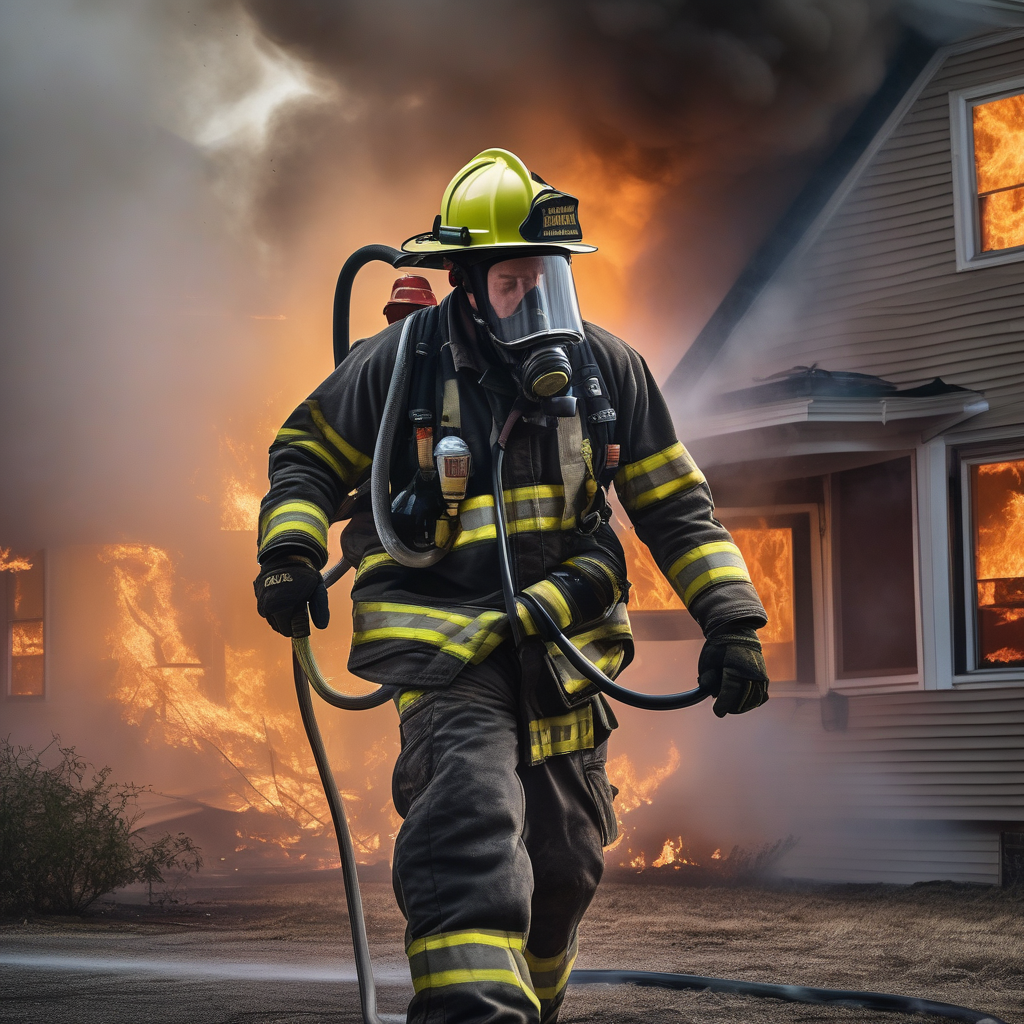 A Firefighter Walking Out Of Smoke Filled House