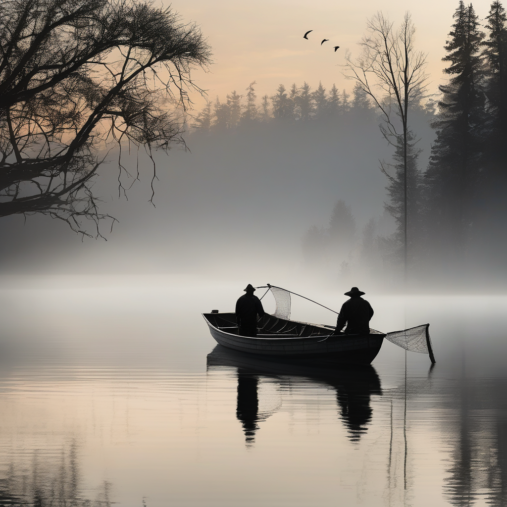A Fisherman Pulling A Net From A Foggy Lake