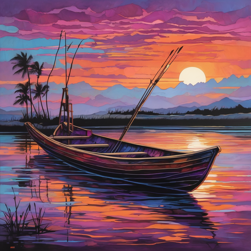 A Fisherman Rowing A Wooden Boat At Dusk