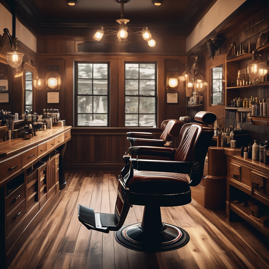 A Barbershop Interior With A Customer Getting A Beard Trim Soft Lighti