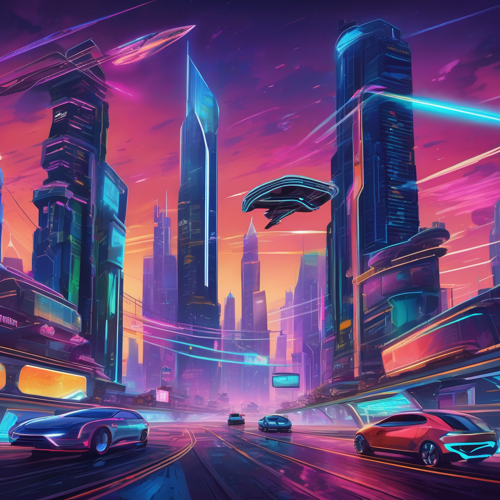 A Futuristic City With Flying Cars And Glowing Buildings