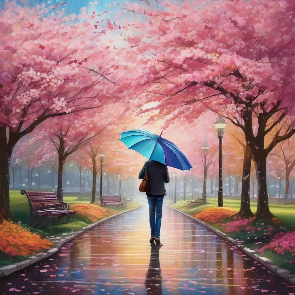 A Girl Holding An Umbrella Surrounded By Falling Cherry Blossoms