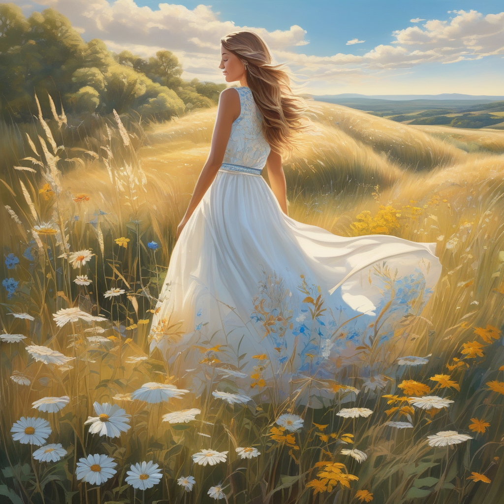 A Girl In A White Dress Running Through Tall Grass