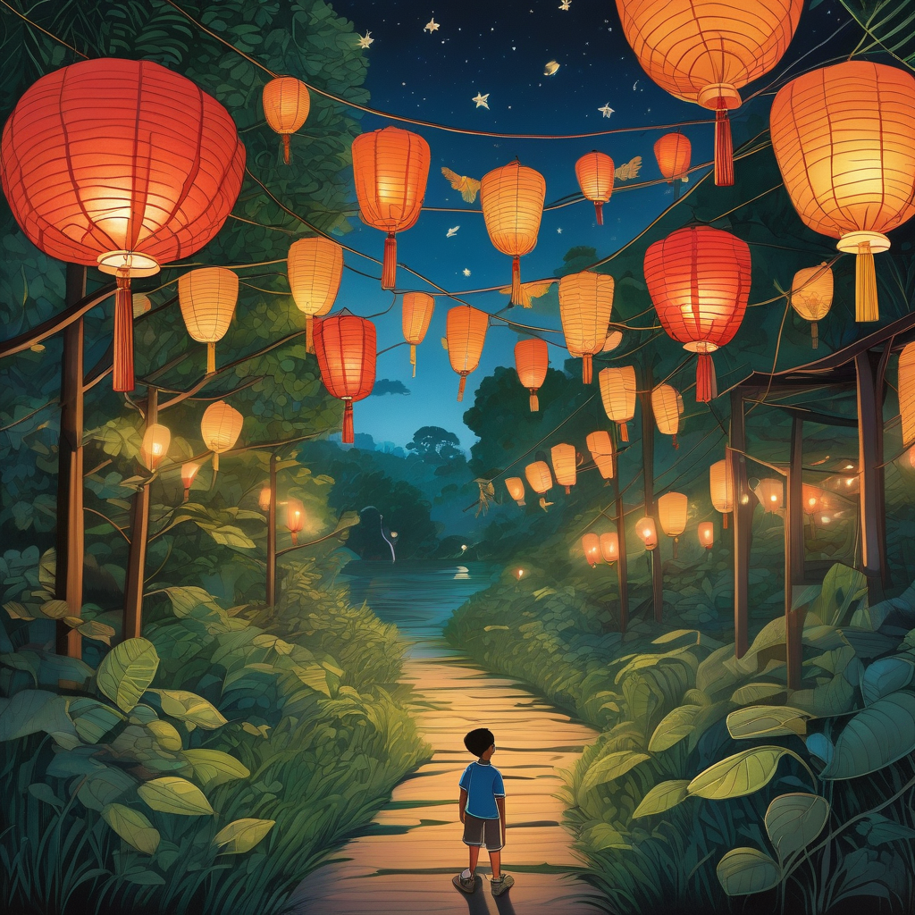 A Girl Looking Up At Paper Lanterns In The Night Sky