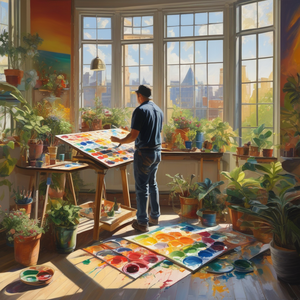 A Girl Painting Colorful Shapes On A Big Canvas