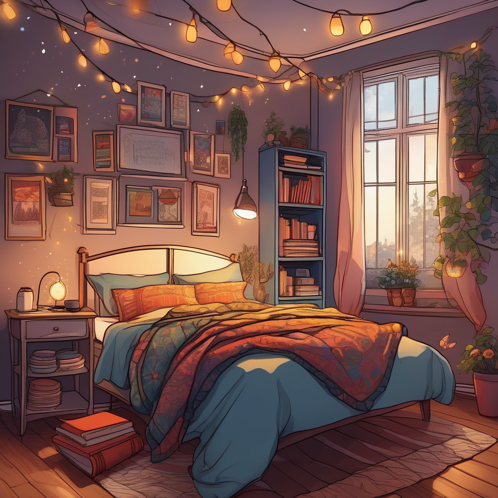 A Girl Sleeping With Fairy Lights Above Her Bed