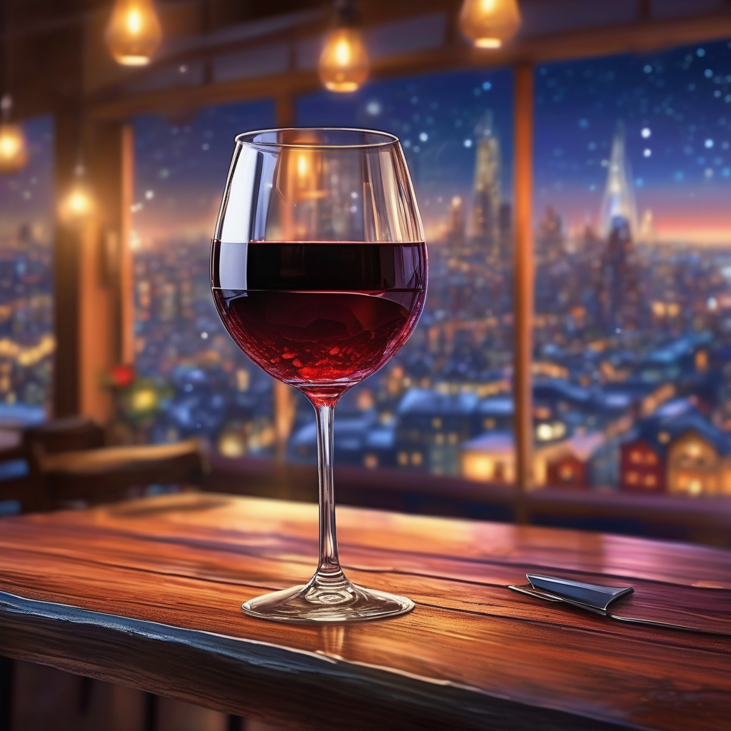 A Glass Of Red Wine On A Table With Blurred City Lights