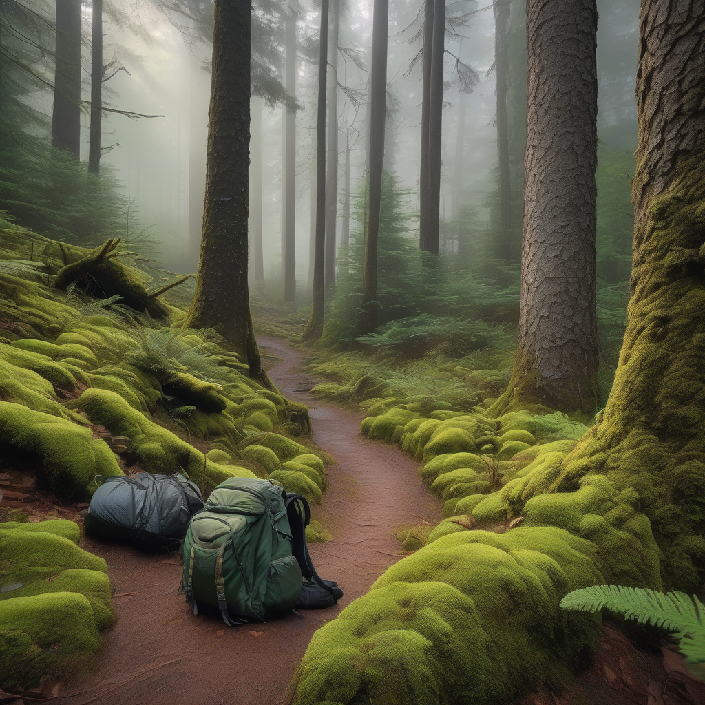 A Group Hiking Through A Foggy Pine Forest