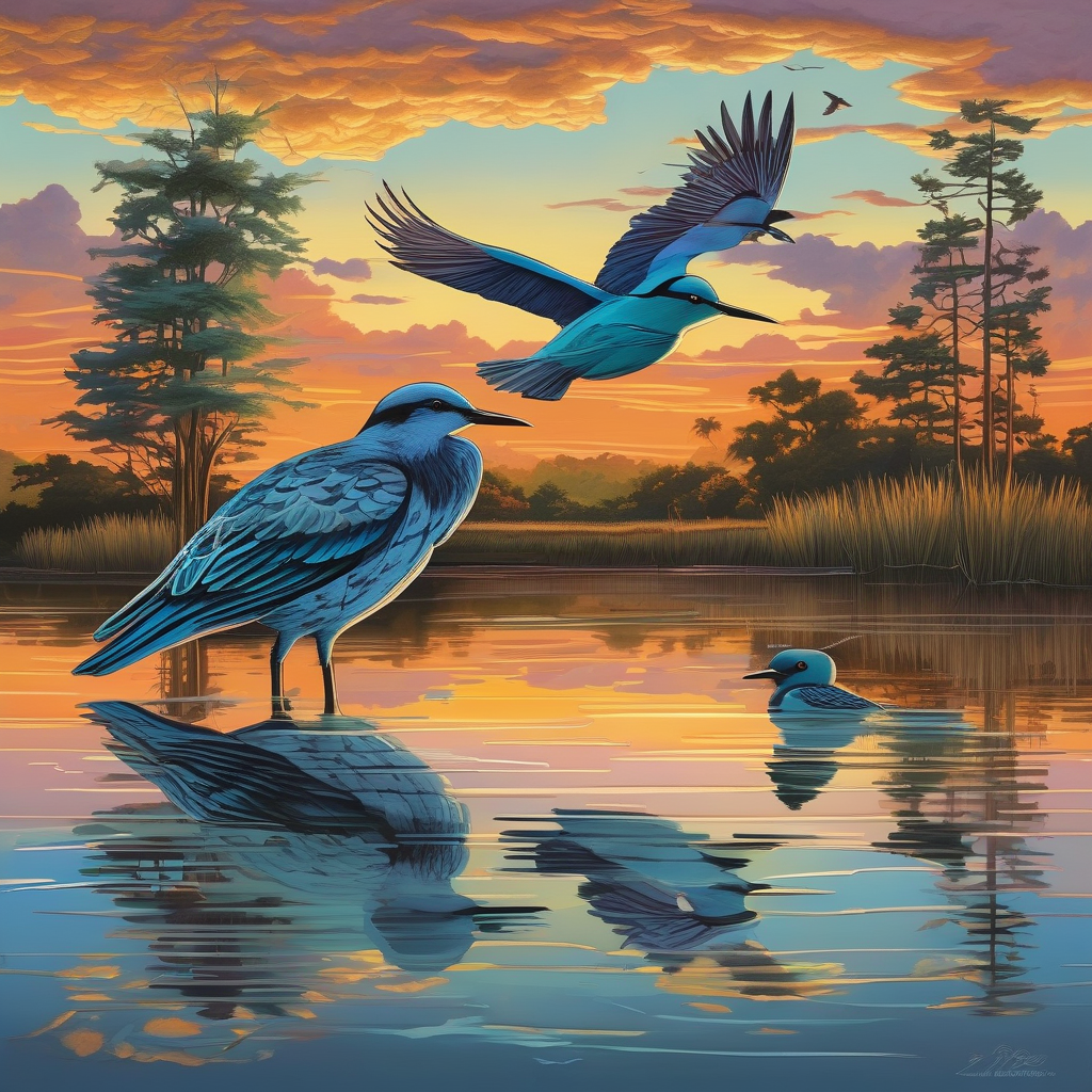 A Group Of Birds Flying Low Over A Calm Lake