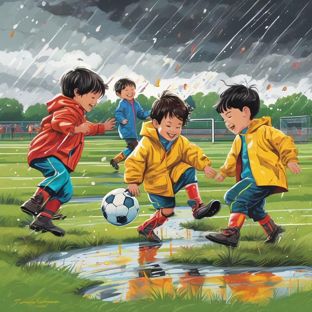 A Group Of Kids Playing Football In The Rain