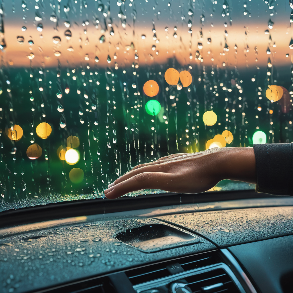 A Hand Catching Raindrops Through A Car Window