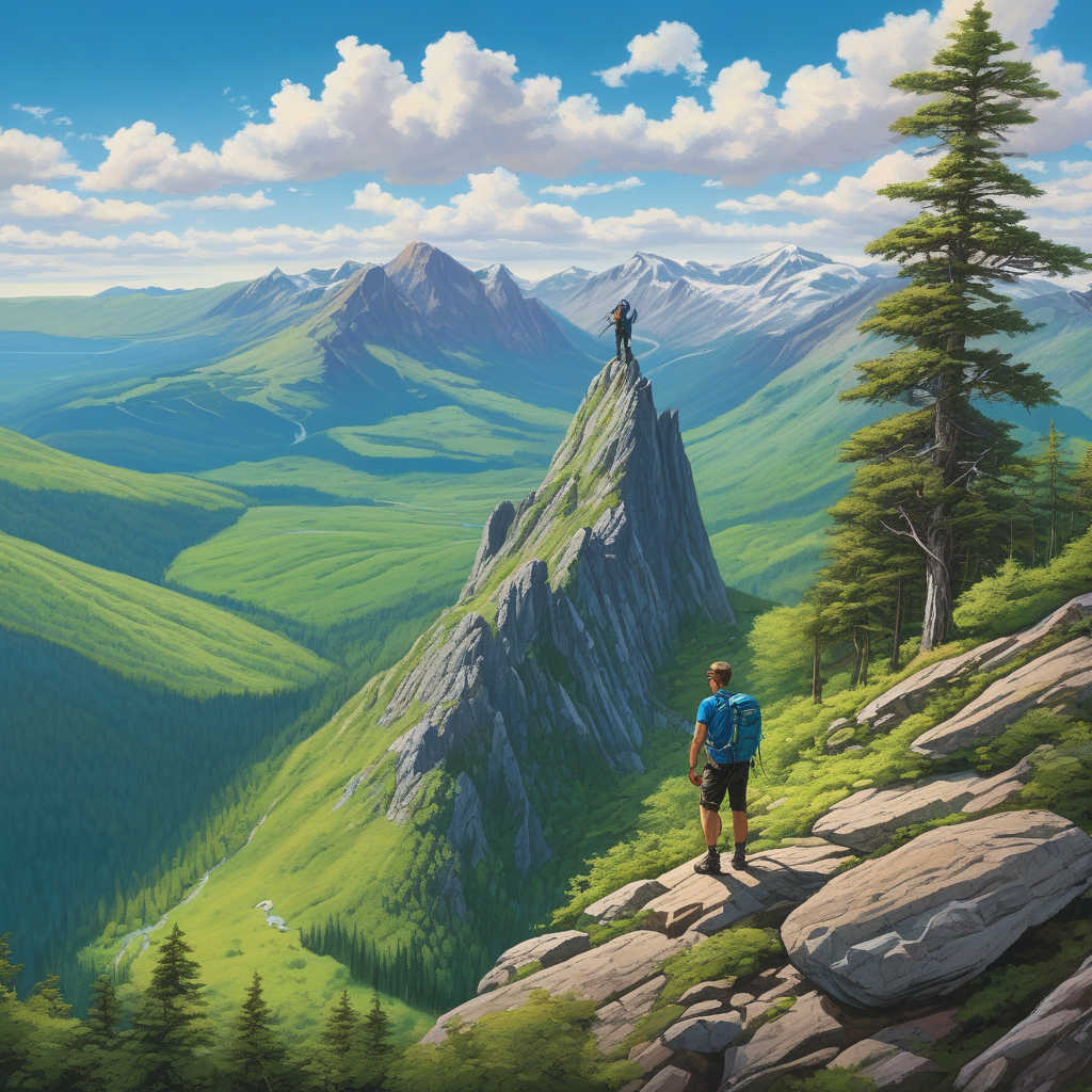 A Hiker Looking Out From A High Rocky Peak
