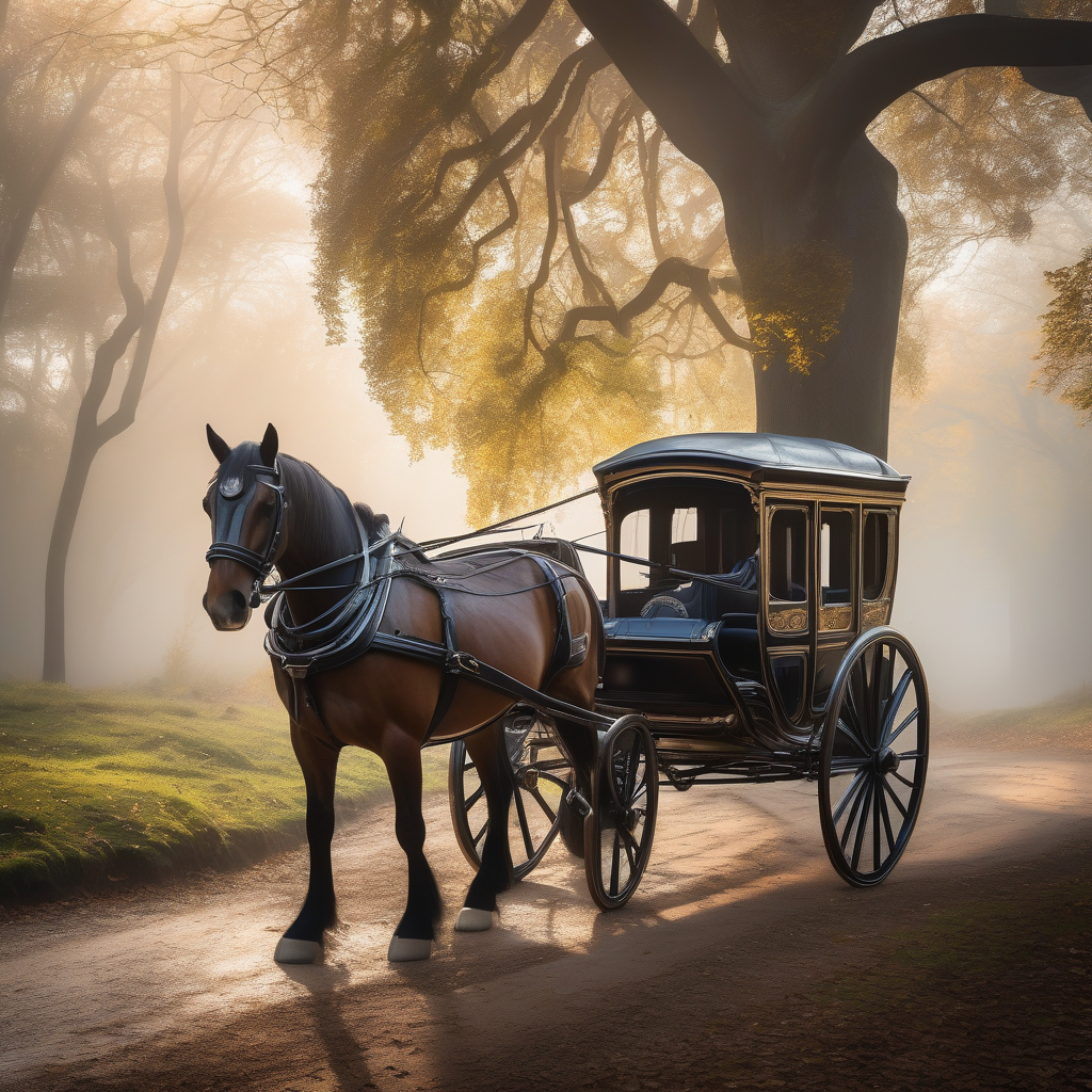 A Horse Drawn Carriage On A Misty Path
