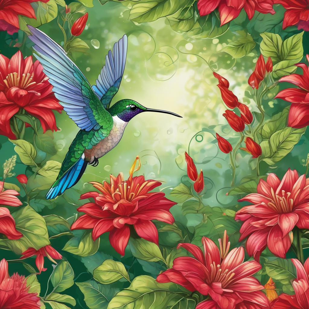 A Hummingbird Hovering Beside Red Flowers