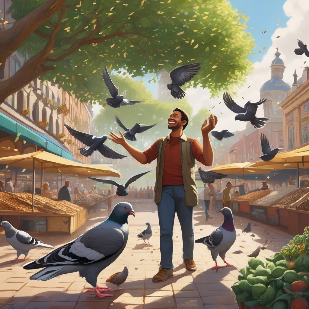 A Man Feeding Pigeons In A Public Square