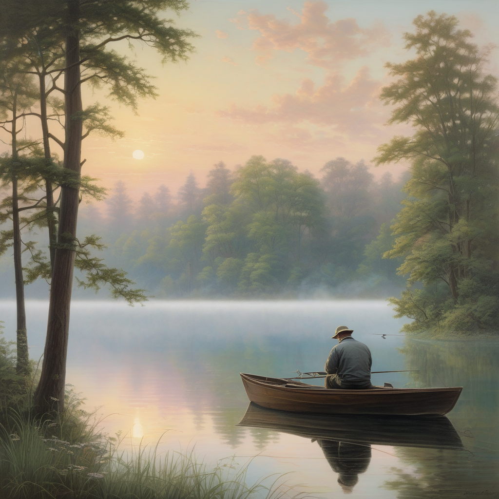 A Man Fishing At Dawn With Fog Rising Off The Water