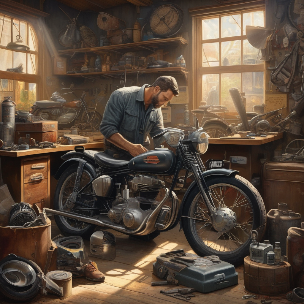 A Man Fixing An Old Motorcycle In A Garage
