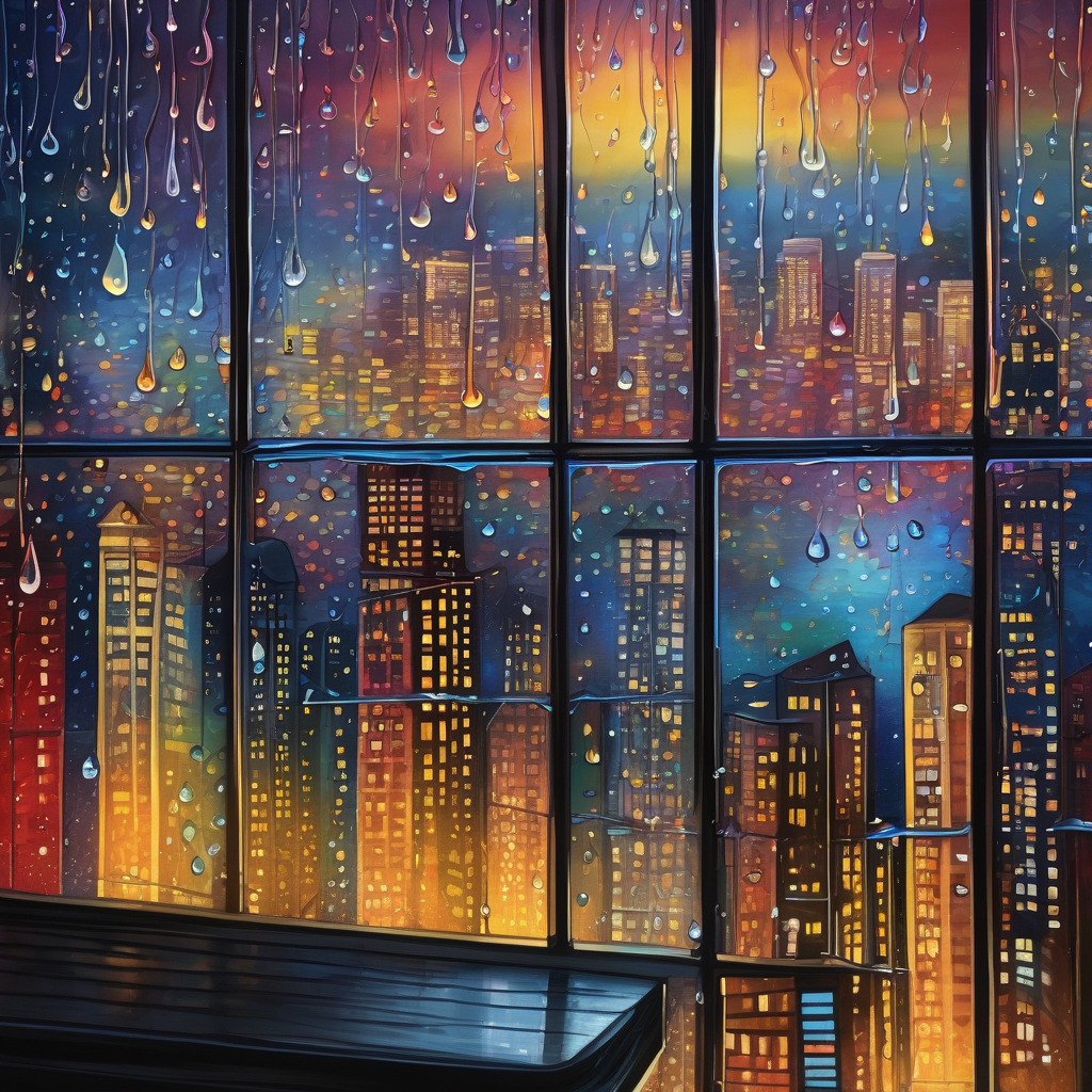 A Close Up Of Raindrops On A Glass Window With City Lights Blurred Beh